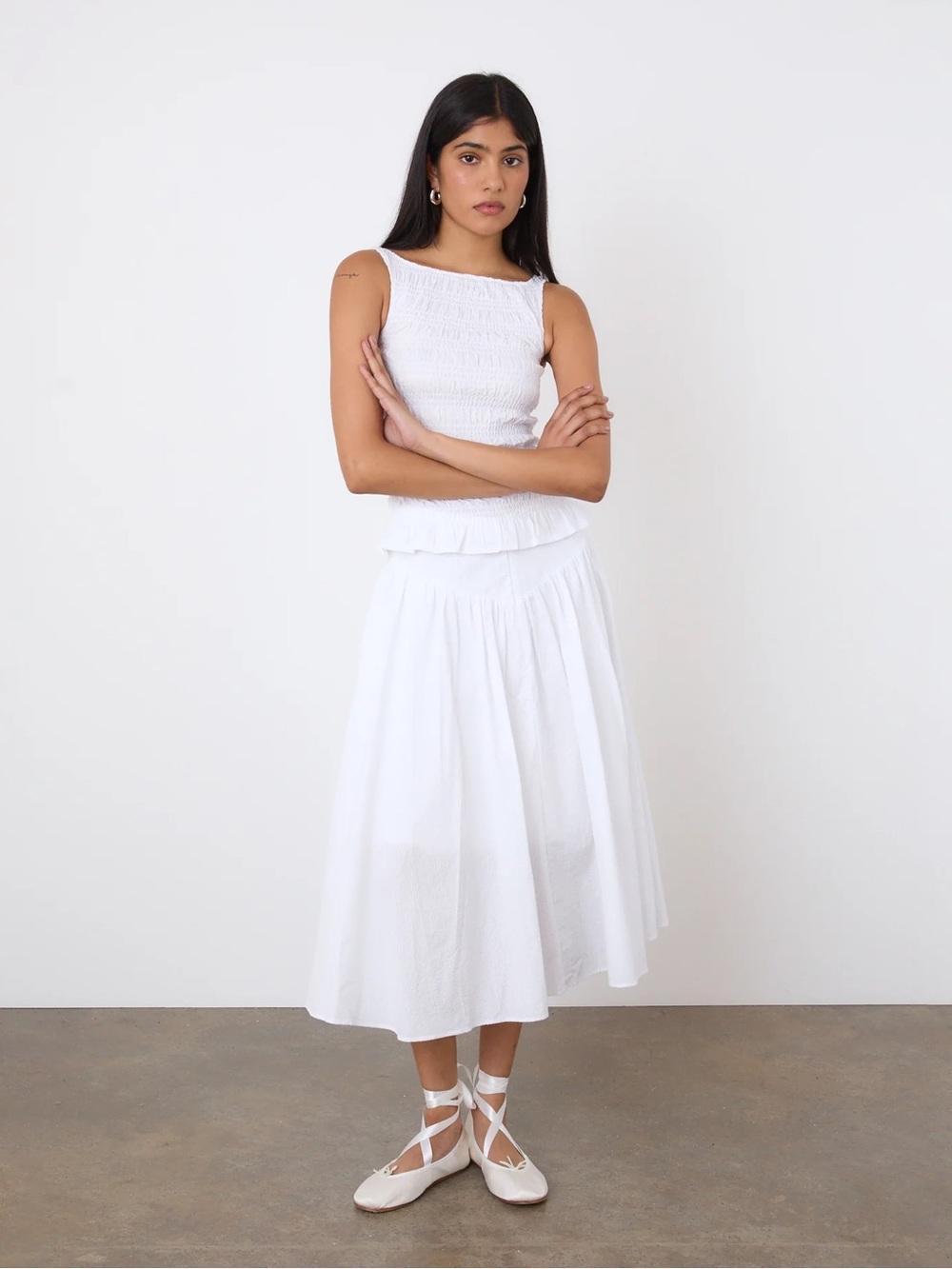 NWT peachy den Deba Midi Skirt in Seersucker Porcelain White Textured Front Zip